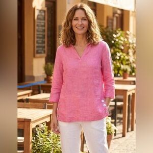 Tahari 100% Linen Pink Popover Top Sz L 3/4 Sleeves V-neck Side Buttons Coastal